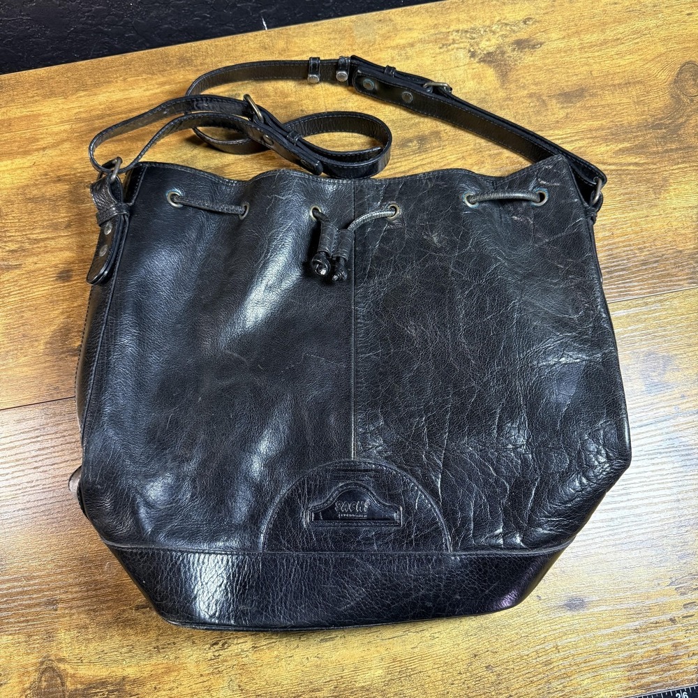 Sacha London Vintage Black Pebbled Leather Drawstring‎ Bucket Bag Large Womens
